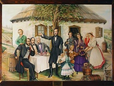 Vörösmarty és társasága a ma is létező pincéje előtt